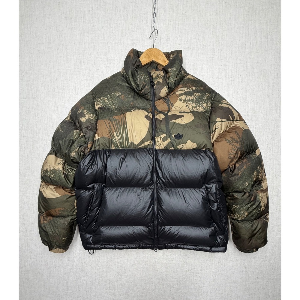 Adidas Originals Camo Puffer Jacket Mens Down Fill Quilted Coat Black Brown XL